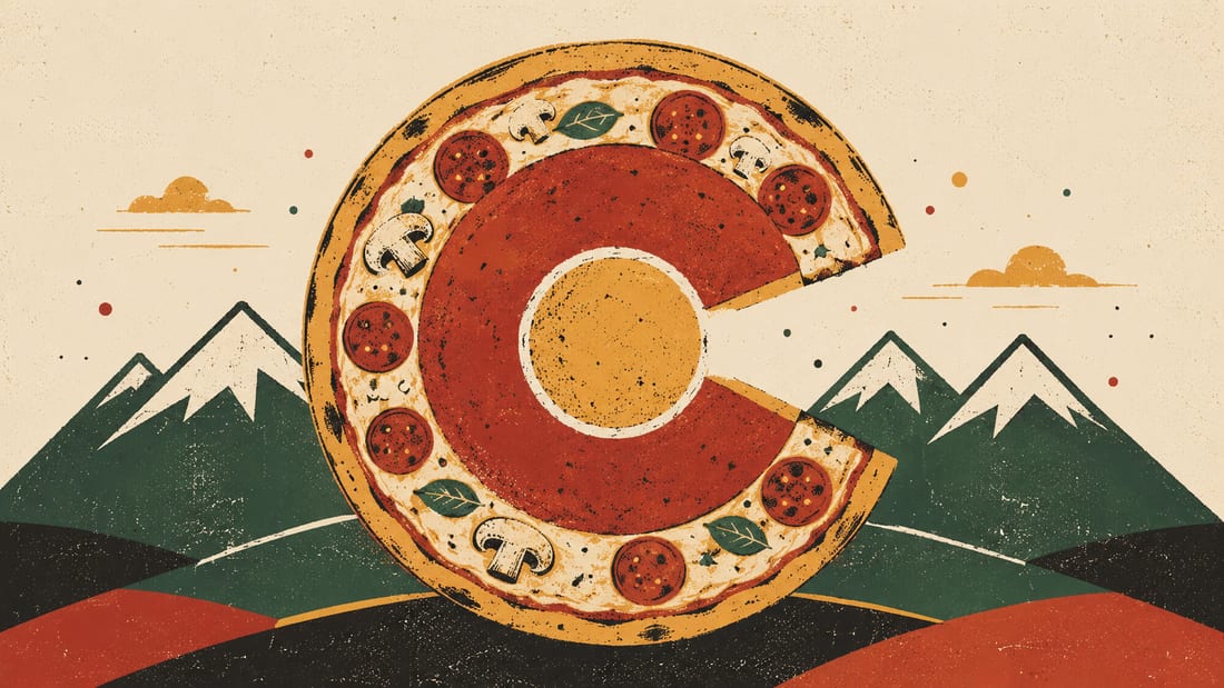 A pizza shaped like Colorado's iconic C logo, set against the Rocky Mountains